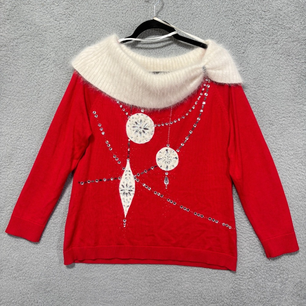 Berek Christmas Sweater Ms. Claus Cowl Neck Angora Rhinestones Red Whtie XL VTG
